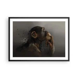 Póster en marco negro - Retrato de un mono en pose reflexiva sobre un fondo gris. - 70x50cm - La evolución del pensador - Decoración de pared moderna para salón y dormitorio ARTTOR