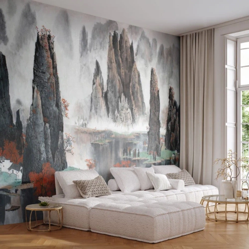 Fotomural Premium Sand - Paisaje de montaña tradicional chino en estilo de pintura con tinta. - 100x70cm - Poderosos guardianes - Decoración de pared moderna para salón y dormitorio ARTTOR