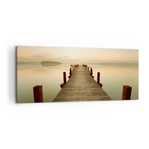 Cuadro sobre lienzo - Impresión de Imagen - Un embarcadero de madera en un lago tranquilo por la mañana. - 120x50cm - Antes del amanecer, al amanecer, la luz - Decoración de pared moderna para salón y dormitorio ARTTOR