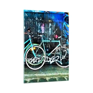 Cuadro sobre vidrio - Impresiones sobre Vidrio - Dos bicicletas turquesas sobre un fondo de grafiti urbano. - 80x120cm - La ciudad llama - Decoración de pared moderna para salón y dormitorio ARTTOR