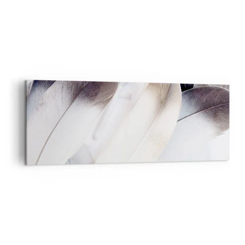 Cuadro sobre lienzo - Impresión de Imagen - Primer plano de delicadas plumas en tonos blancos y grises. - 140x50cm - Casi angelical - Decoración de pared moderna para salón y dormitorio ARTTOR