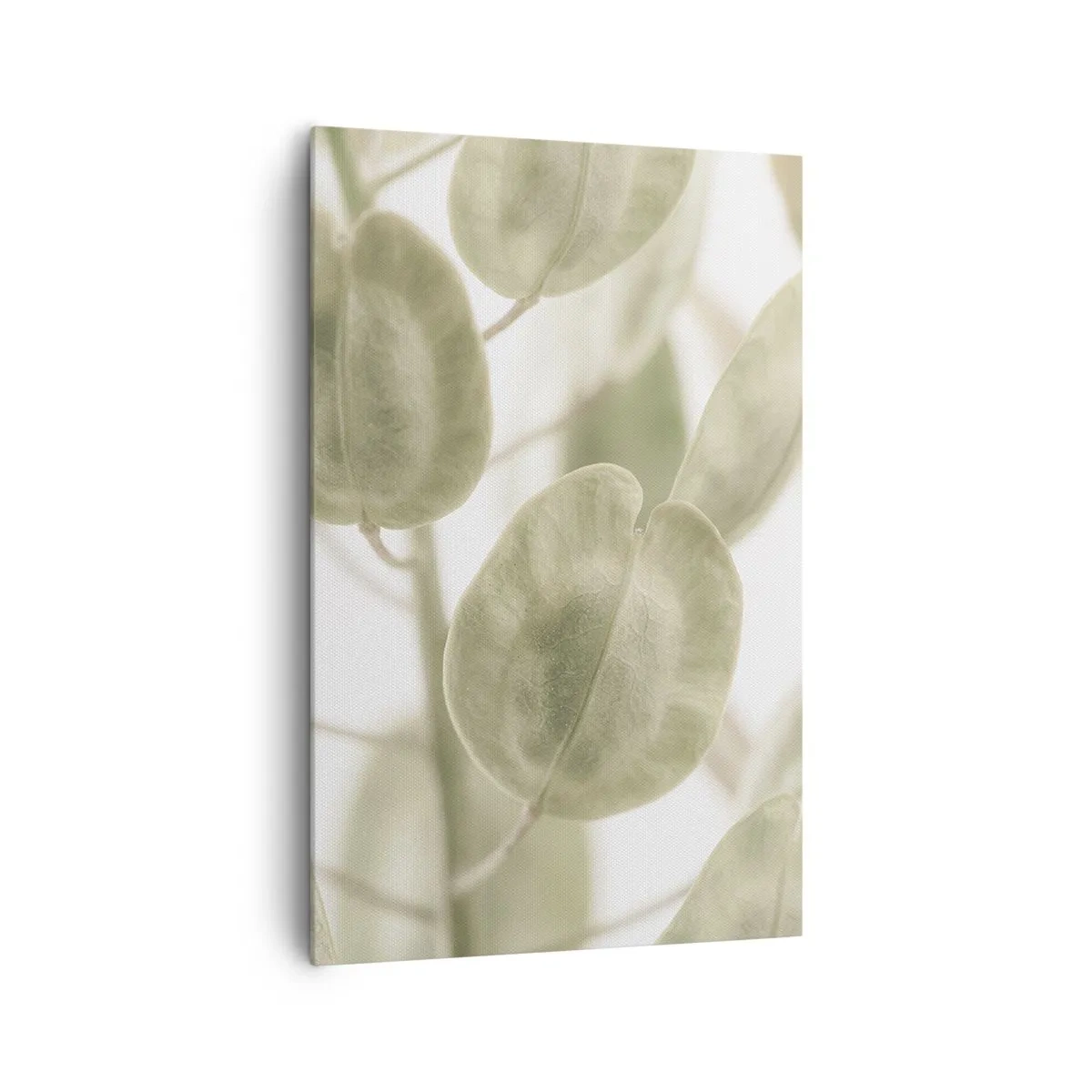 Cuadro sobre lienzo - Impresión de Imagen - Una delicada pintura de hojas en tonos pastel de verde sobre un fondo claro. - 80x120cm - Al principio de los tiempos había hojas... - Decoración de pared moderna para salón y dormitorio ARTTOR