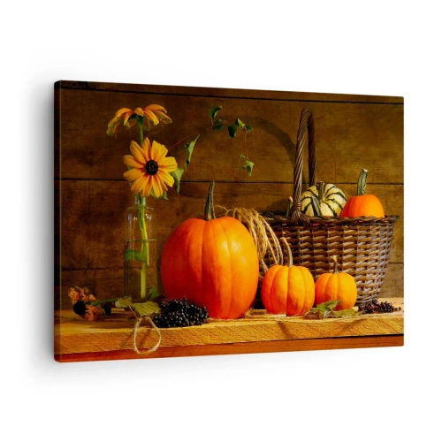 Cuadro sobre lienzo - Impresión de Imagen - Composición otoñal con calabazas y flores sobre un fondo de madera. - 70x50cm - Composición rústica - regalos de otoño - Decoración de pared moderna para salón y dormitorio ARTTOR
