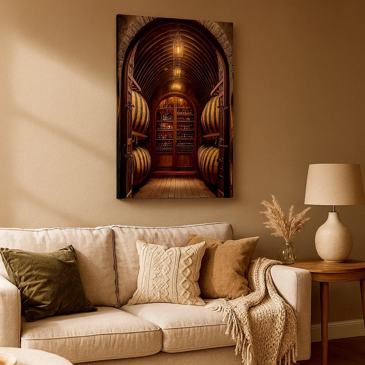 Cuadro sobre lienzo - Impresión de Imagen - Bodega con barriles de madera y estantes para vinos. - 50x70cm - Sótano atmosférico - Decoración de pared moderna para salón y dormitorio ARTTOR
