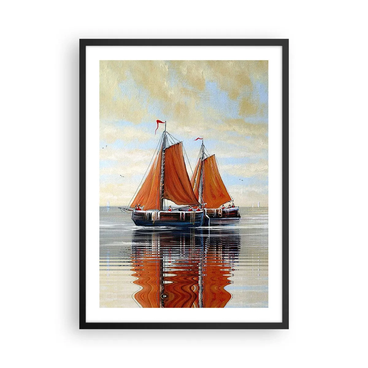 Póster en marco negro - Veleros en aguas tranquilas con velas rojas - 50x70cm - Navega, marinero.... - Decoración de pared moderna para salón y dormitorio ARTTOR