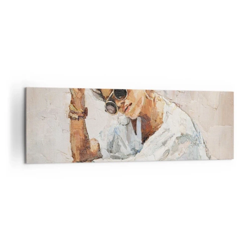 Cuadro sobre lienzo - Impresión de Imagen - Retrato de una mujer con gafas de sol contra una pared clara. - 160x50cm - Retrato a pleno sol - Decoración de pared moderna para salón y dormitorio ARTTOR