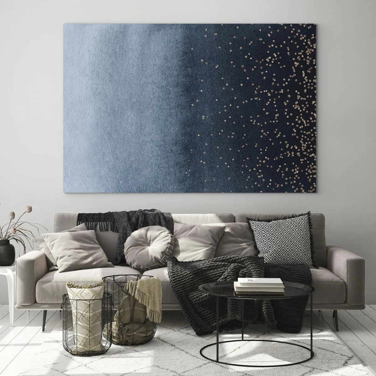 Cuadro sobre vidrio - Impresiones sobre Vidrio - Degradados azul marino con pequeños puntos dorados - 70x50cm - Composición - fases azules - Decoración de pared moderna para salón y dormitorio ARTTOR