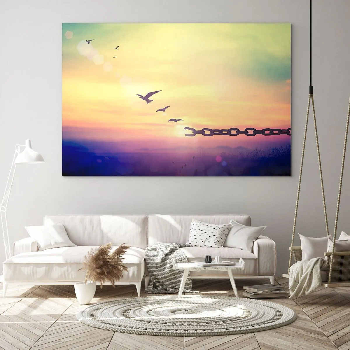 Cuadro sobre vidrio - Impresiones sobre Vidrio - Pájaros en vuelo con el telón de fondo de una cadena y una puesta de sol. - 70x50cm - Victoria de la libertad - Decoración de pared moderna para salón y dormitorio ARTTOR