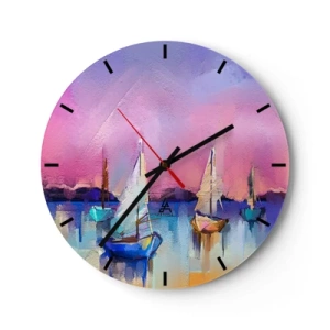 Reloj de pared - Reloj de vidrio - Marina abstracta con veleros en colores pastel - 30x30cm - Dirección alta mar - Decoración de pared moderna para salón, cocina y dormitorio ARTTOR