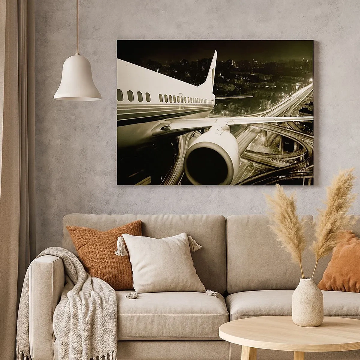 Cuadro sobre lienzo - Impresión de Imagen - Un avión sobre una ciudad nocturna con carreteras iluminadas. - 70x50cm - Vuela hacia la noche - Decoración de pared moderna para salón y dormitorio ARTTOR