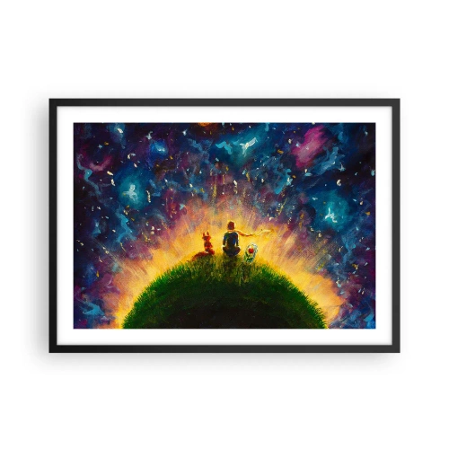 Póster en marco negro - Figuras en una colina verde rodeada de un cielo estrellado. - 70x50cm - Amor y amistad - lo único entero - Decoración de pared moderna para salón y dormitorio ARTTOR
