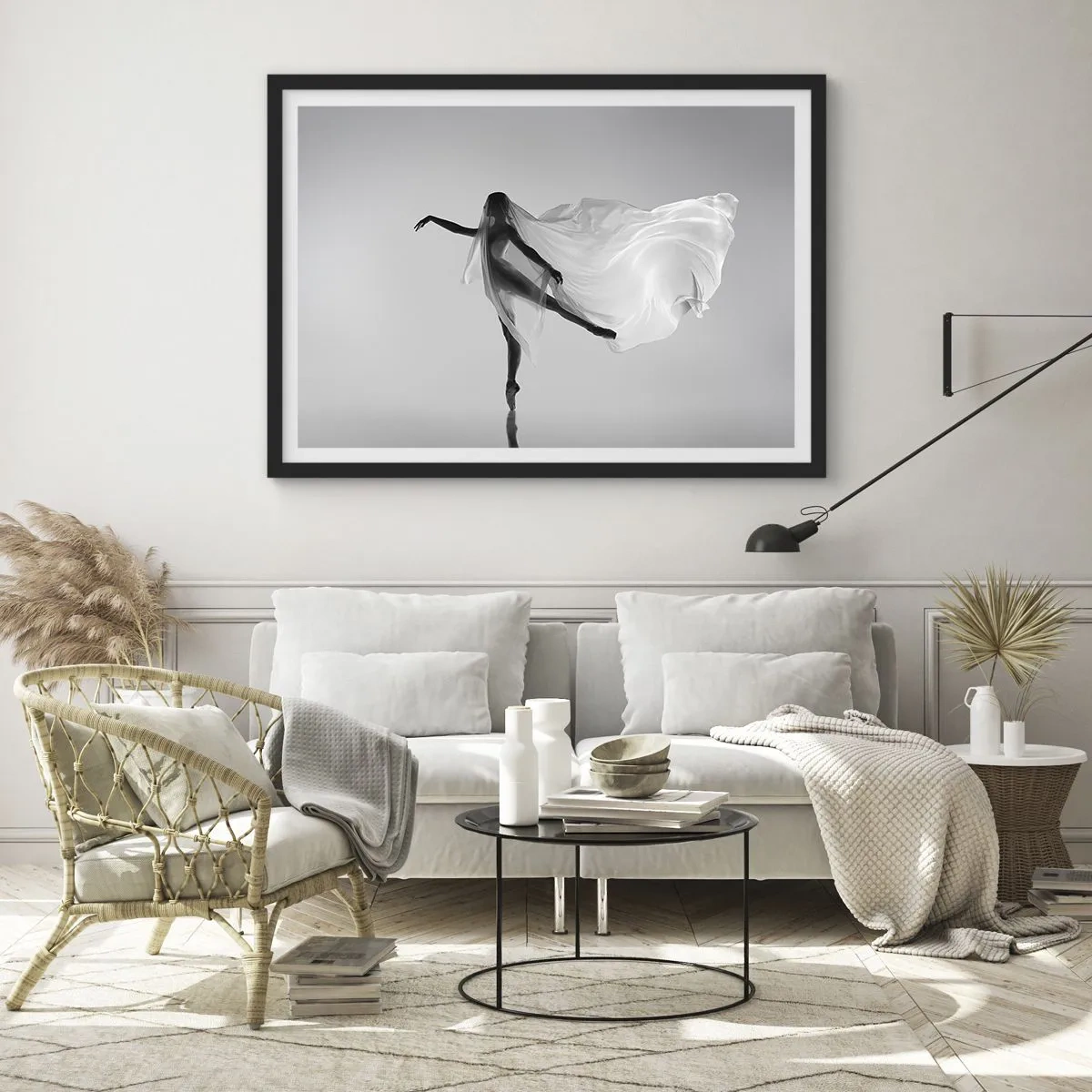 Póster en marco negro - Una bailarina en una pose etérea con tela fluida. - 70x50cm - Ligereza y gracia - Decoración de pared moderna para salón y dormitorio ARTTOR