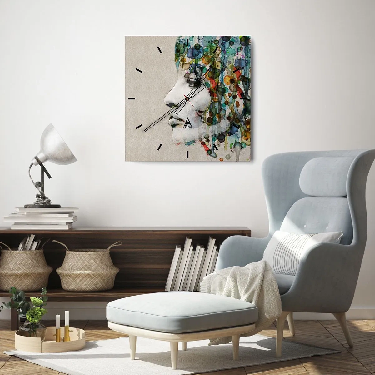 Reloj de pared - Reloj de vidrio - Perfil de una mujer en colores de acuarela con un fondo abstracto - 30x30cm - Salió del gris - Decoración de pared moderna para salón y dormitorio ARTTOR