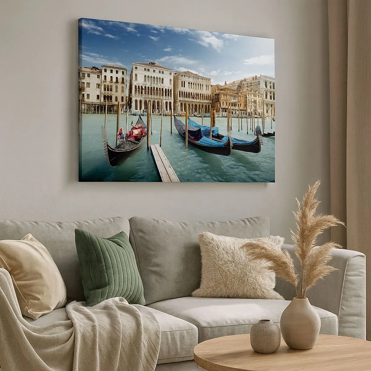 Cuadro sobre lienzo - Impresión de Imagen - Venecia con góndolas y palacios contra el cielo - 70x50cm - Palacios en azul - Decoración de pared moderna para salón y dormitorio ARTTOR