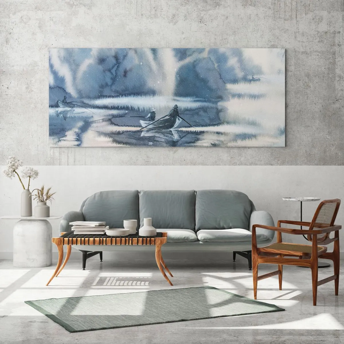 Cuadro sobre vidrio - Impresiones sobre Vidrio - Paisaje de acuarela con barcos en un lago rodeado de un bosque brumoso. - 160x50cm - Pescadores en su paraíso - Decoración de pared moderna para salón y dormitorio ARTTOR