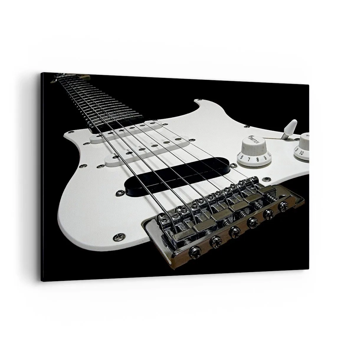 Cuadro sobre lienzo - Impresión de Imagen - Primer plano de una guitarra eléctrica blanca sobre fondo negro. - 120x80cm - Oculto en blanco está el sonido - Decoración de pared moderna para salón y dormitorio ARTTOR