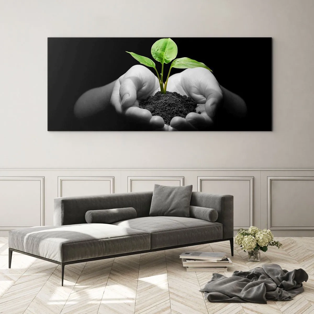 Cuadro sobre vidrio - Impresiones sobre Vidrio - Manos sosteniendo una planta verde sobre un fondo negro - 120x50cm - Amo la naturaleza, la protejo - Decoración de pared moderna para salón y dormitorio ARTTOR