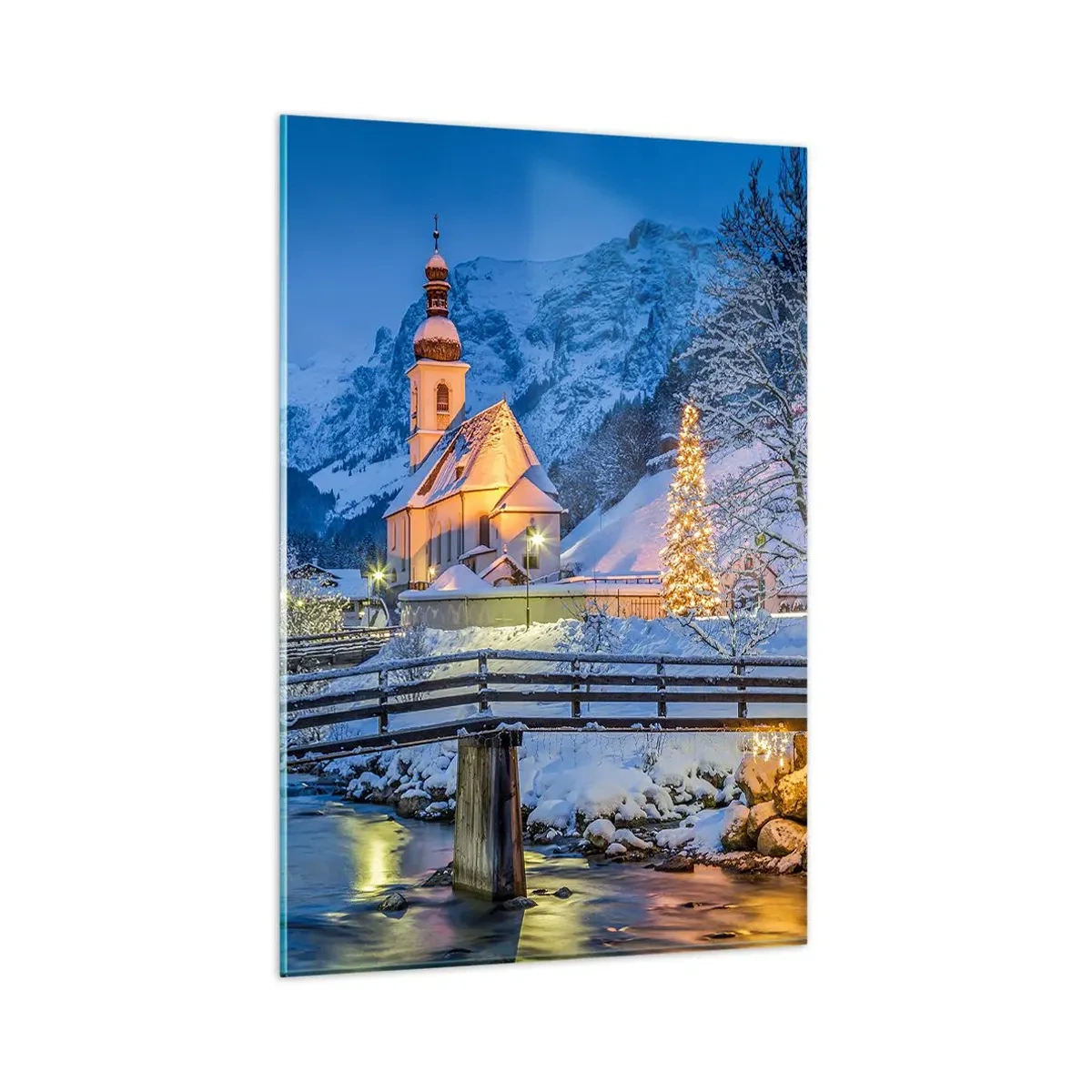 Cuadro sobre vidrio - Impresiones sobre Vidrio - Paisaje invernal con una iglesia, un puente y montañas al atardecer - 80x120cm - El espíritu de la Navidad - Decoración de pared moderna para salón y dormitorio ARTTOR