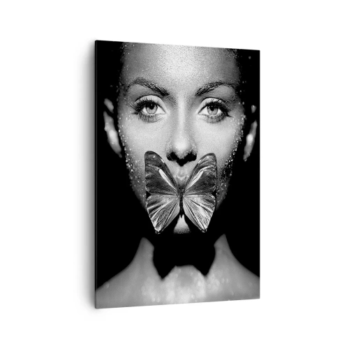 Cuadro sobre lienzo - Impresión de Imagen - Rostro de mujer en blanco y negro con una mariposa en los labios. - 70x100cm - Beso de mariposa - Decoración de pared moderna para salón y dormitorio ARTTOR