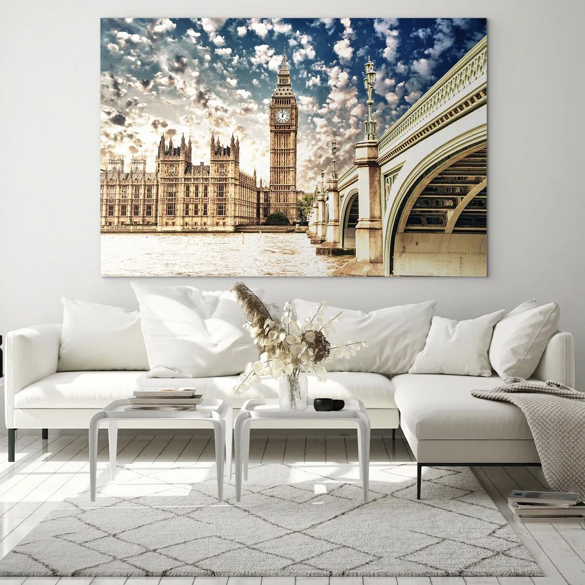 Cuadro sobre vidrio - Impresiones sobre Vidrio - El Big Ben y el puente de Westminster en Londres - 70x50cm - Nubes sobre el Támesis - Decoración de pared moderna para salón y dormitorio ARTTOR