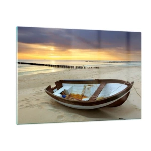 Cuadro sobre vidrio - Impresiones sobre Vidrio - Un barco en una playa de arena al amanecer. - 120x80cm - No hay playas más bonitas - Decoración de pared moderna para salón y dormitorio ARTTOR
