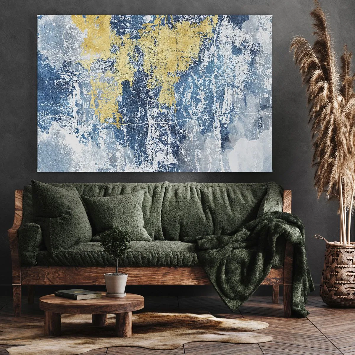 Cuadro sobre lienzo - Impresión de Imagen - Abstracción en tonos azules y amarillos - 70x50cm - Una abstracción serena - Decoración de pared moderna para salón y dormitorio ARTTOR
