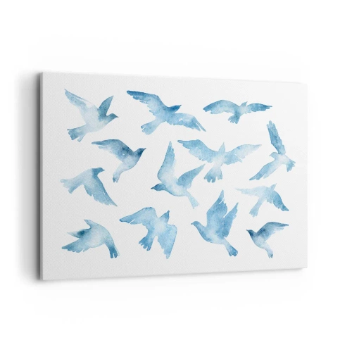 Cuadro sobre lienzo - Impresión de Imagen - Una acuarela sutil que representa pájaros voladores. - 100x70cm - Pájaros azules - Decoración de pared moderna para salón y dormitorio ARTTOR