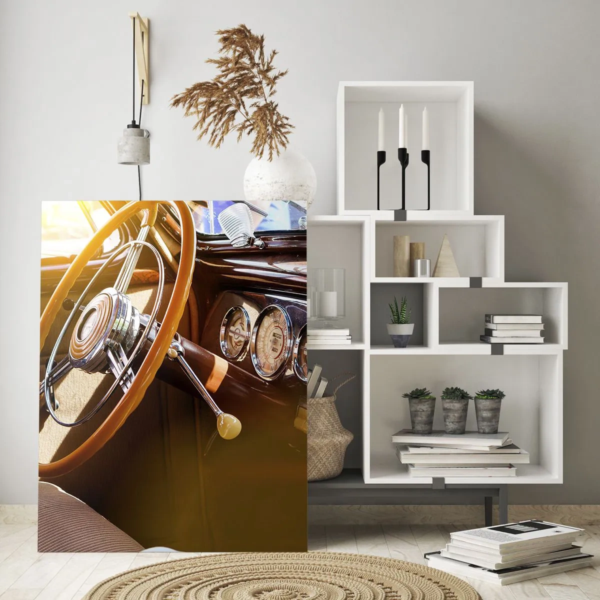 Cuadro sobre vidrio - Impresiones sobre Vidrio - Primer plano del interior de un coche clásico con detalles en madera y cromo. - 70x100cm - Un soplo de lujo del pasado - Decoración de pared moderna para salón y dormitorio ARTTOR
