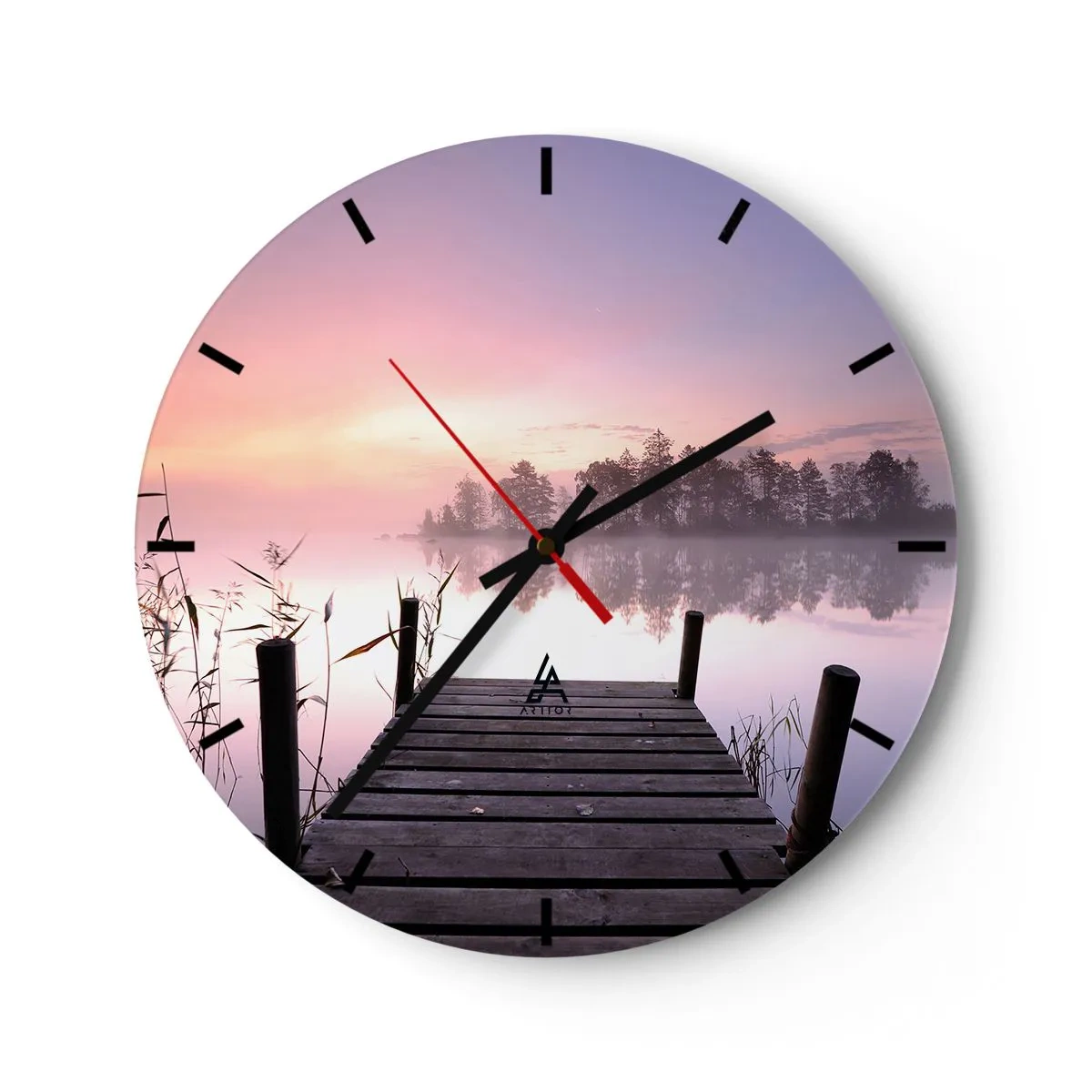 Reloj de pared - Reloj de vidrio - Un embarcadero de madera sobre un lago por la mañana con un cielo pastel. - 30x30cm - De la niebla lila... - Decoración de pared moderna para salón, cocina y dormitorio ARTTOR
