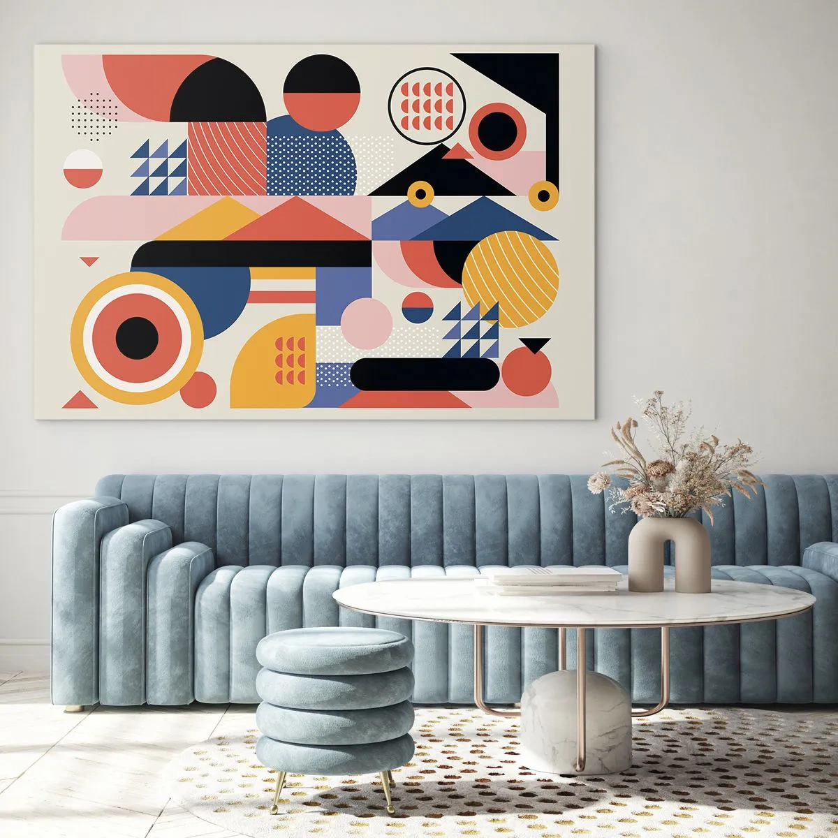 Cuadro sobre vidrio - Impresiones sobre Vidrio - Abstracción geométrica colorida con círculos y triángulos. - 70x50cm - Composición: juegos - Decoración de pared moderna para salón y dormitorio ARTTOR