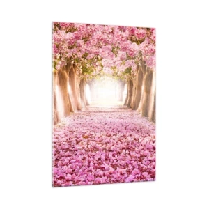 Cuadro sobre vidrio - Impresiones sobre Vidrio - Una avenida de árboles en flor con pétalos rosados en el suelo. - 50x70cm - El camino al paraíso - Decoración de pared moderna para salón y dormitorio ARTTOR