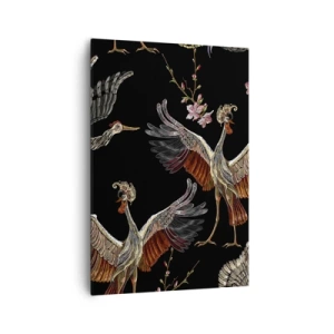 Cuadro sobre lienzo - Impresión de Imagen - Grullas y flores elegantes sobre un fondo negro. - 70x100cm - Aves de cuento de hadas - Decoración de pared moderna para salón y dormitorio ARTTOR