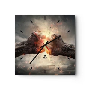Reloj de pared - Reloj de vidrio - Puños cerrados en una escena de incendio dinámica - 30x30cm - La lucha comienza - Decoración de pared moderna para salón y dormitorio ARTTOR