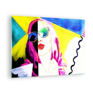 Cuadro sobre vidrio - Impresiones sobre Vidrio - Retrato de una mujer en un colorido estilo pop art. - 70x50cm - Contrastes - Decoración de pared moderna para salón y dormitorio ARTTOR