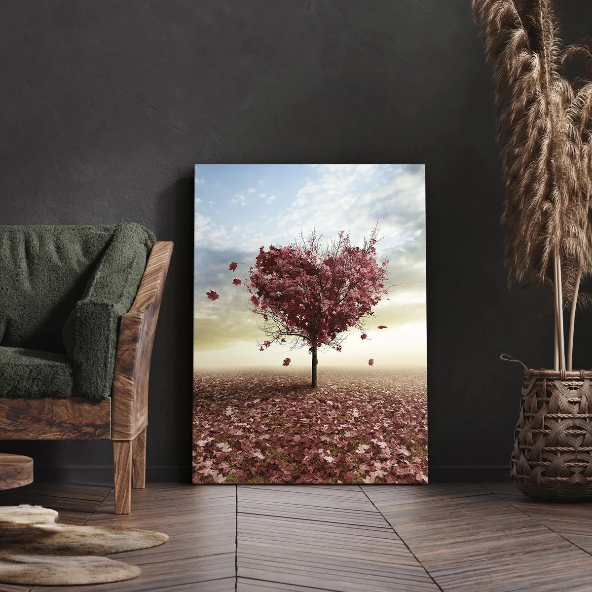 Cuadro sobre lienzo - Impresión de Imagen - Un árbol solitario en forma de corazón en un campo de hojas rojas. - 50x70cm - Amor de otoño - Decoración de pared moderna para salón y dormitorio ARTTOR