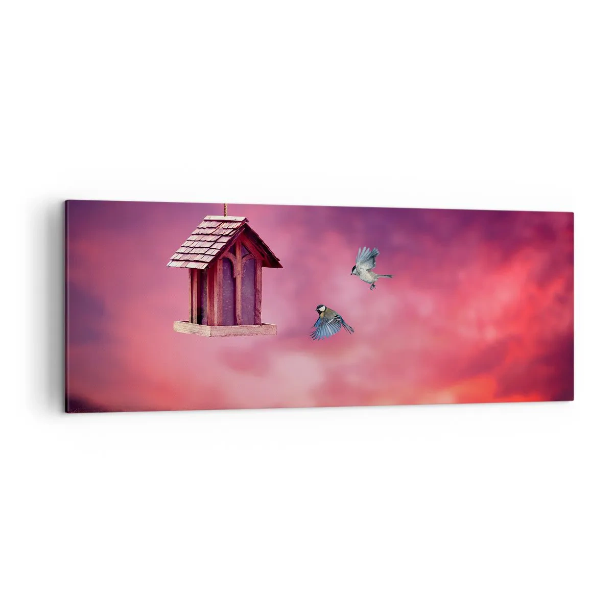 Cuadro sobre lienzo - Impresión de Imagen - Un paisaje pintoresco con una casa para pájaros y una puesta de sol. - 140x50cm - Invitación a una cena - Decoración de pared moderna para salón y dormitorio ARTTOR