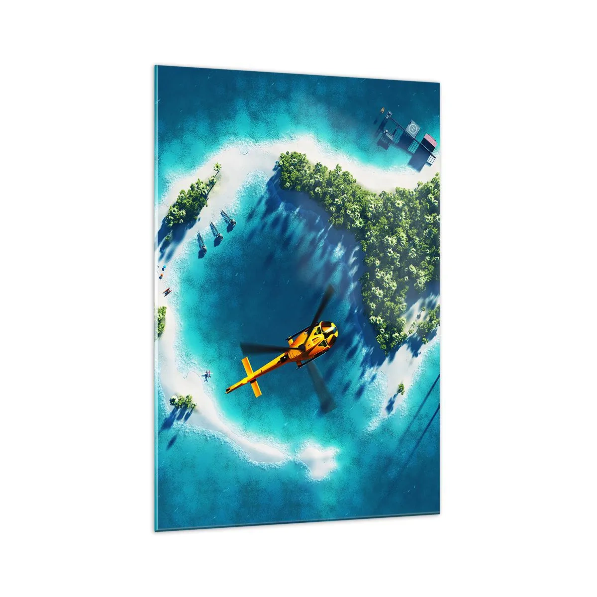 Cuadro sobre vidrio - Impresiones sobre Vidrio - Una isla tropical rodeada de agua turquesa con un helicóptero a la vista. - 70x100cm - Cómprate una isla - Decoración de pared moderna para salón y dormitorio ARTTOR