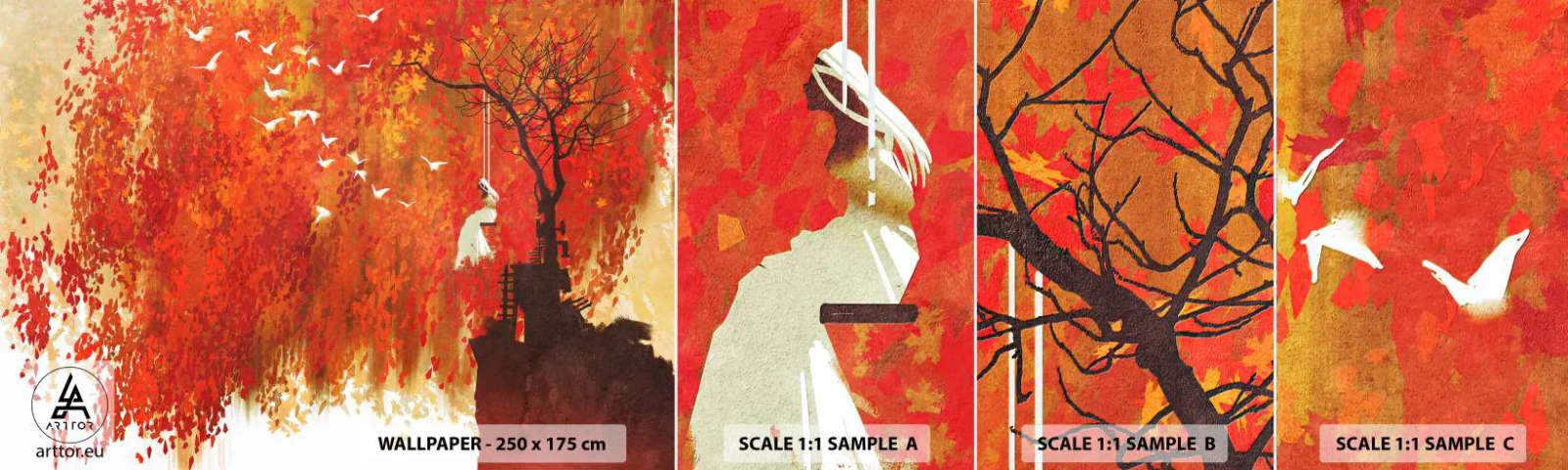 Muestra de fotomural autoadhesivo Deluxe Sticker - ¿Volará con ellos? - Abstracción, Mujer, Aves - 100x30 cm