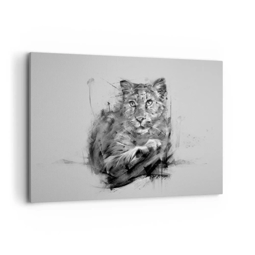 Cuadro sobre lienzo - Impresión de Imagen - Retrato en blanco y negro de un león en un estilo artístico con trazos dinámicos. - 120x80cm - Sí, estoy escuchando - Decoración de pared moderna para salón y dormitorio ARTTOR