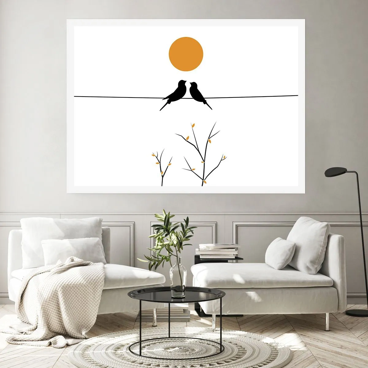 Póster - Pájaros en una línea con un sol amarillo. - 100x70cm - Noche de ruiseñores - Decoración de pared moderna para salón y dormitorio ARTTOR