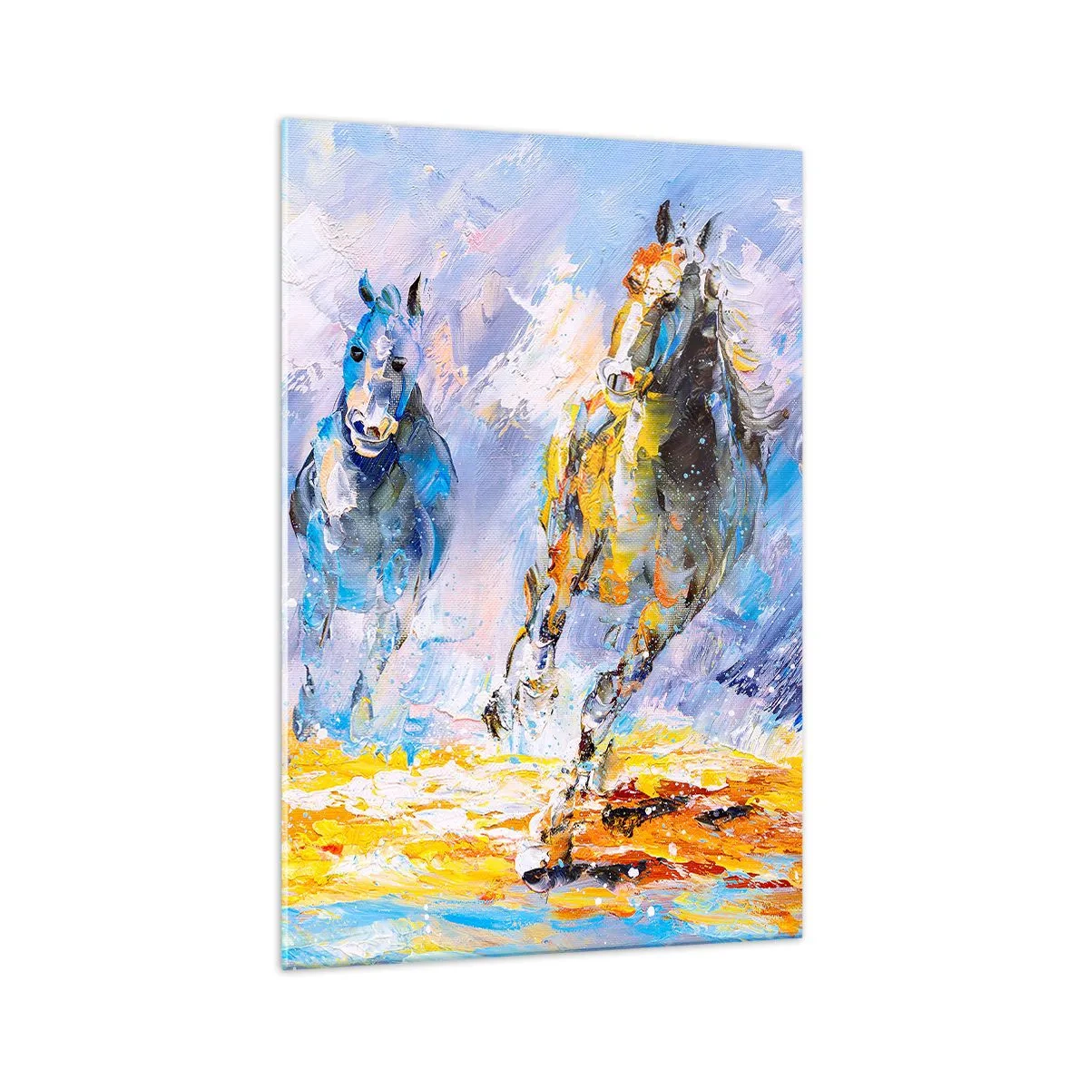 Cuadro sobre vidrio - Impresiones sobre Vidrio - Dos caballos en movimiento con el telón de fondo de un paisaje abstracto. - 70x100cm - Galopando a través del resplandor - Decoración de pared moderna para salón y dormitorio ARTTOR
