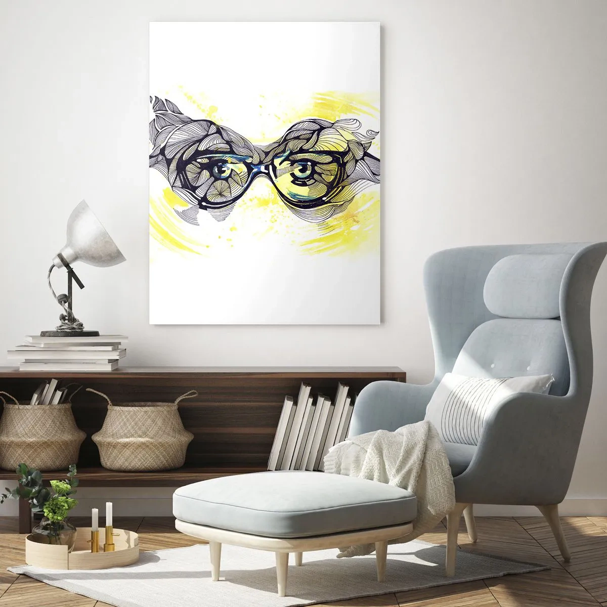 Cuadro sobre vidrio - Impresiones sobre Vidrio - Gafas con patrones artísticos y ojos sobre un fondo en tonos amarillos. - 50x70cm - A través de las gafas azules - Decoración de pared moderna para salón y dormitorio ARTTOR