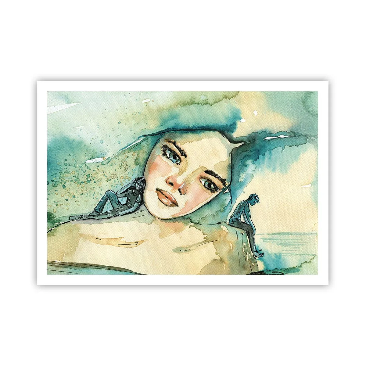 Póster - Acuarela de rostro de mujer con motivo reflectante. - 100x70cm - ¿Soy azul? - Decoración de pared moderna para salón y dormitorio ARTTOR