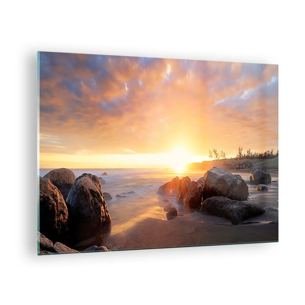 Cuadro sobre vidrio - Impresiones sobre Vidrio - Puesta de sol sobre el mar con piedras en la orilla - 70x50cm - Brisa luminosa del atardecer - Decoración de pared moderna para salón y dormitorio ARTTOR