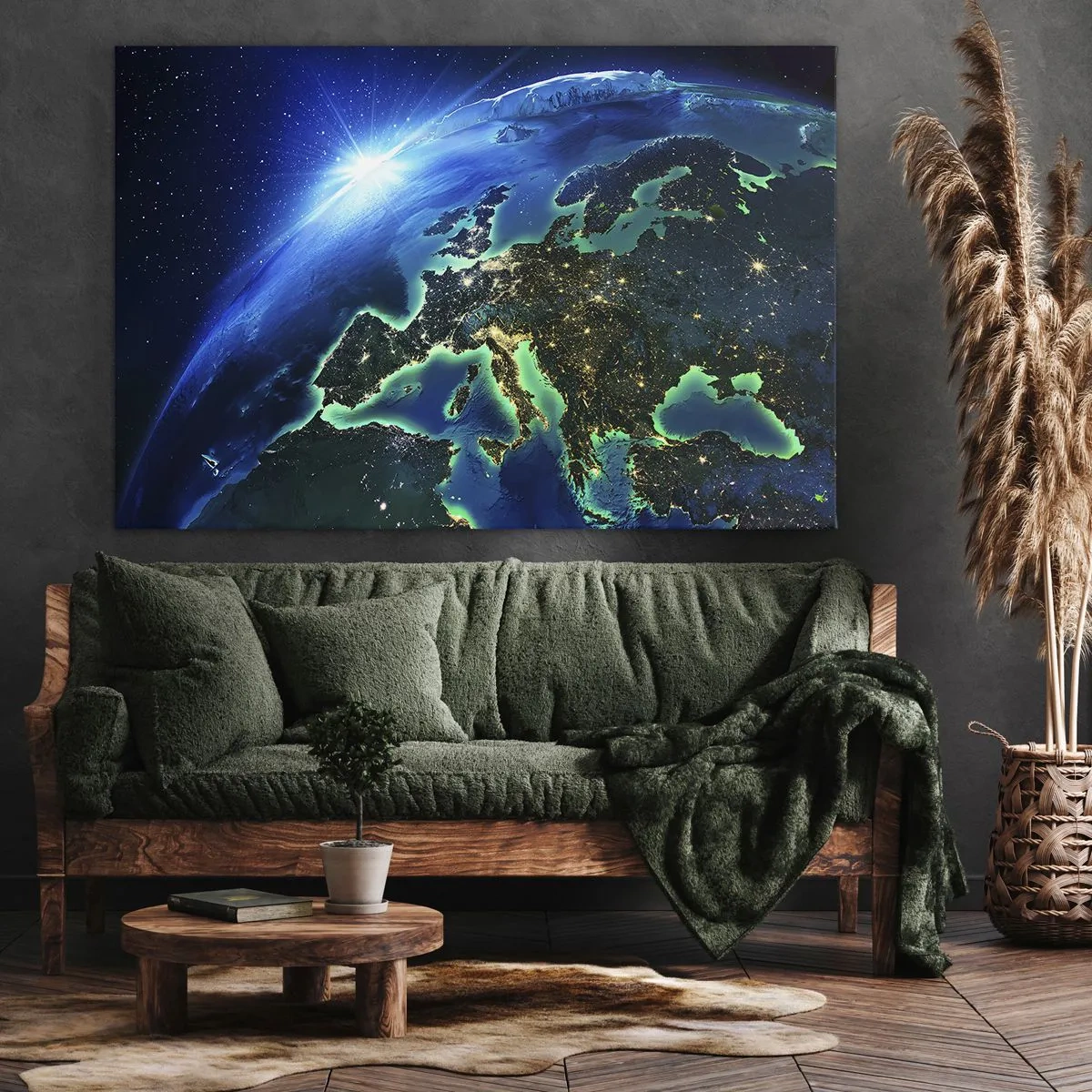 Cuadro sobre lienzo - Impresión de Imagen - Una vista de Europa desde el espacio bajo el resplandor del sol naciente. - 120x80cm - Una Europa resplandeciente - Decoración de pared moderna para salón y dormitorio ARTTOR