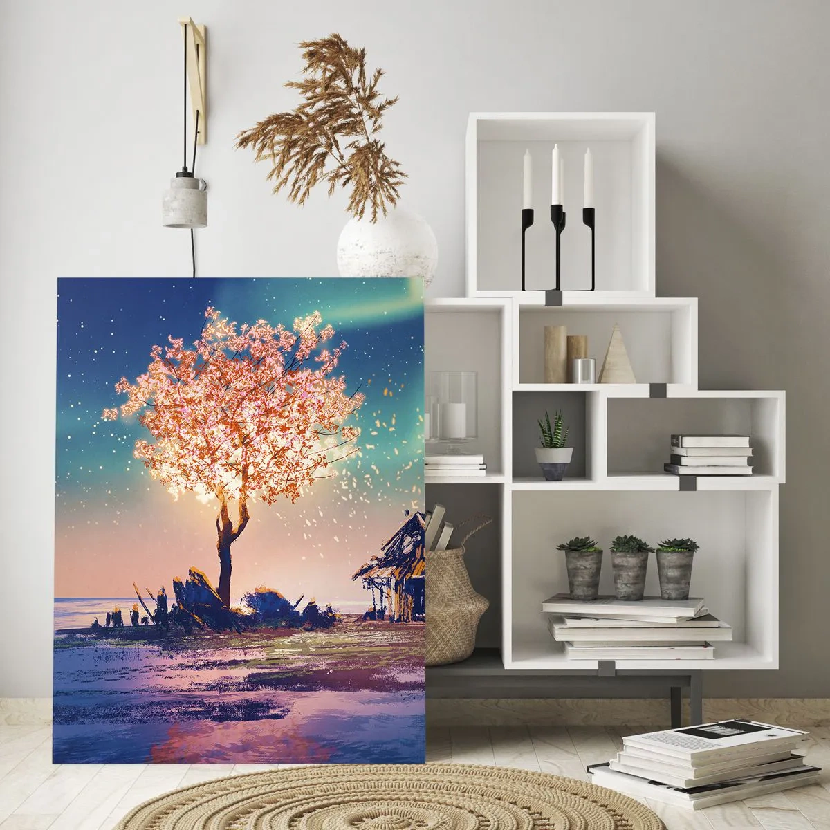 Cuadro sobre vidrio - Impresiones sobre Vidrio - Un paisaje mágico con un árbol en flor y una cabaña. - 50x70cm - La naturaleza perdura - Decoración de pared moderna para salón y dormitorio ARTTOR
