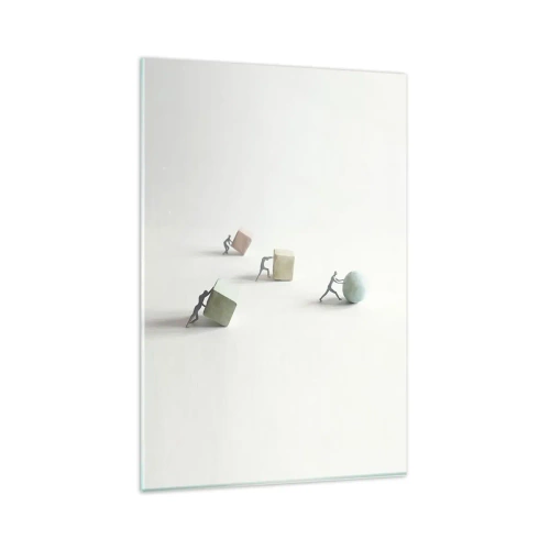 Cuadro sobre vidrio - Impresiones sobre Vidrio - Figuras en miniatura que empujan formas contra un fondo claro. - 80x120cm - El avance de la geometría - Decoración de pared moderna para salón y dormitorio ARTTOR