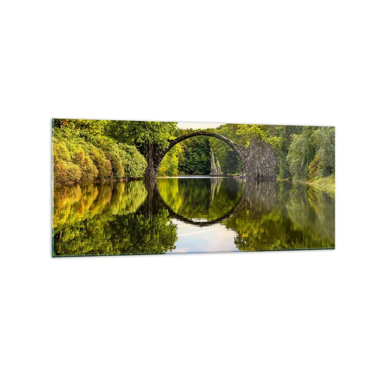 Cuadro sobre vidrio - Impresiones sobre Vidrio - Un puente de piedra sobre un río con un reflejo perfecto en el agua. - 120x50cm - En el punto de encuentro de dos mundos - Decoración de pared moderna para salón y dormitorio ARTTOR