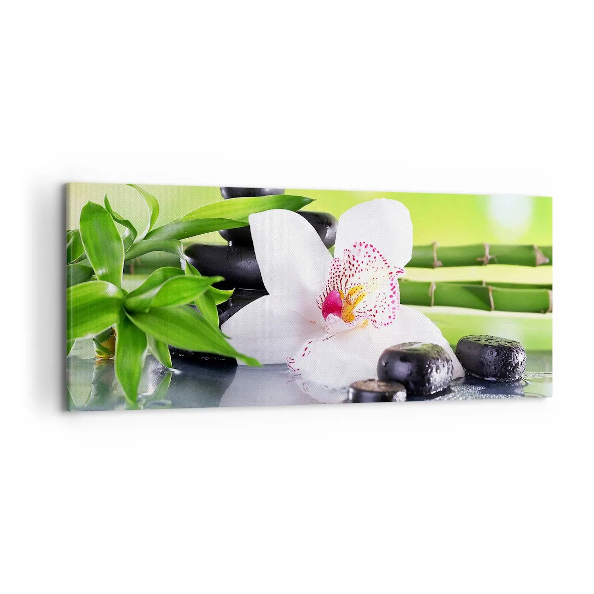 Cuadro sobre lienzo - Impresión de Imagen - Orquídea, piedras y bambú en una armoniosa composición de spa. - 120x50cm - Frescura - Decoración de pared moderna para salón y dormitorio ARTTOR