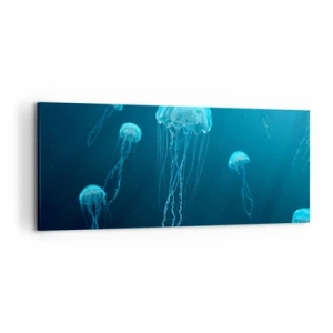 Cuadro sobre lienzo - Impresión de Imagen - Medusas flotando en las profundidades del océano en tonos azules. - 120x50cm - Danza oceánica - Decoración de pared moderna para salón y dormitorio ARTTOR